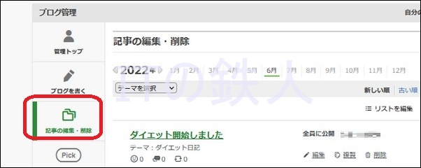 記事の編集・削除メニュー