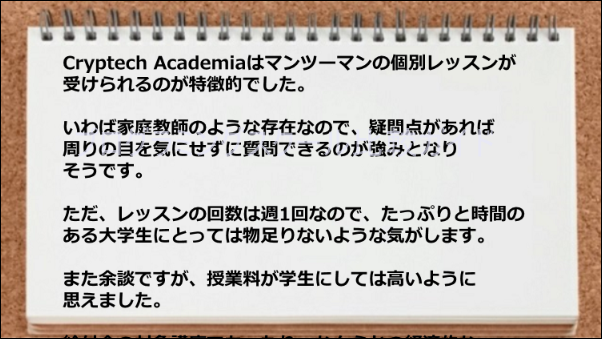 レッスン回数が少なく、授業料が学生にしては高目である