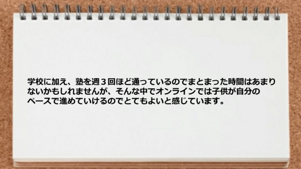 学校に加え塾を週３回ほど通っていてもオンラインでは自分のペースで進めていける。
