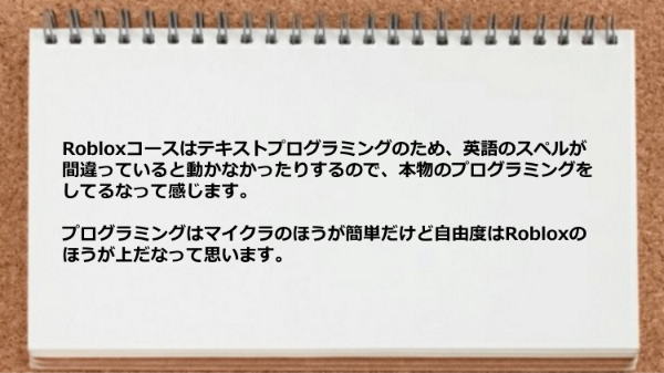 Robloxコースはテキストプログラミングのため、本物のプログラミングをしてるなって感じます。
