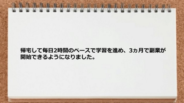 帰宅して毎日2時間のペースで学習を進め、3ヵ月で副業が開始できるようになりました。
