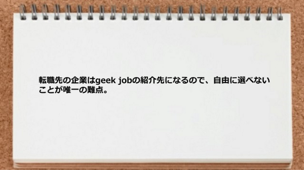 転職先の企業はgeek jobの紹介先になるので自由に選べない。
