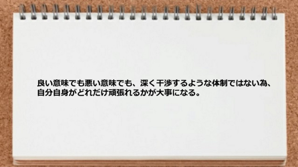 深く干渉するような体制ではない為自分自身がどれだけ頑張れるかが大事になる。
