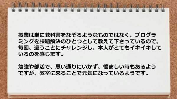 授業は教科書をなぞるようなものではなくプログラミングを課題解決できるように教えて下さっています。
