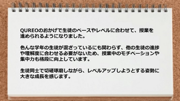 
QUREOのおかげで生徒同士で切磋琢磨しながらレベルアップできています。
