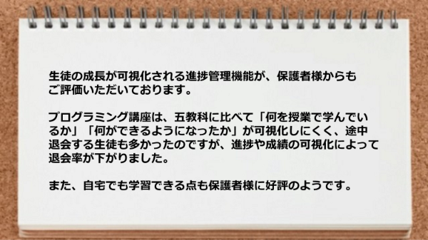 生徒の成長が可視化される進捗管理機能が便利。
